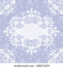 White lace with floral pattern and frame on blue background