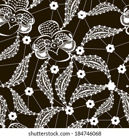 White lace floral seamless pattern on black background