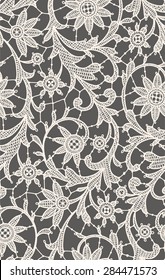 White Lace. Floral Seamless Pattern. Gray Background.