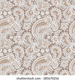 White Lace. Floral Seamless Pattern. Beige Background.