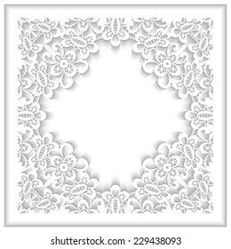 White lace frame with paper swirls, lacy cover, ornamental vector background, eps10