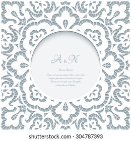 White lace frame with paper swirls, lacy cover, ornamental vector background, eps10