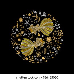 white lace, gold fish. Traditional folk stylish stylish floral embroidery on the black background. Sketch for printing on fabric, clothing, bag, accessories and design. Vector, trend