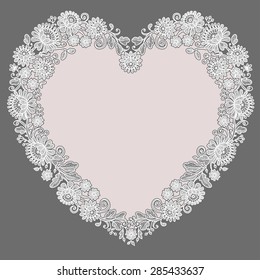 White Lace. Heart Shape Frame. Pink Background.