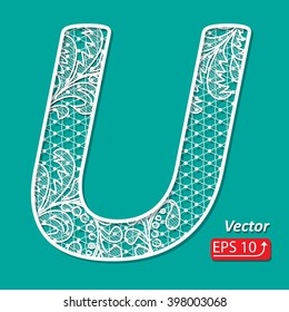 White lace lacy font letter U, isolated on green background Set alphabet vector illustration