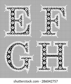 White Lace. Letters E, F, G, H. White Grid Seamless Pattern. Black Background.