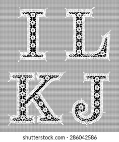 White Lace. Letters I, L, K, J. White Grid Seamless Pattern. Black Background.