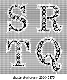 White Lace. Letters S, R, T, Q. White Grid Seamless Pattern. Black Background.