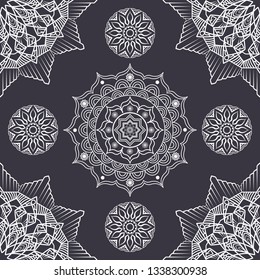 White lace mandala design on dark purple background