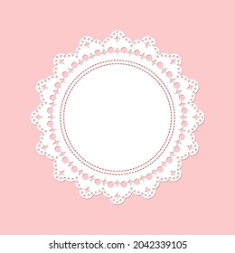 White lace napkin on a pink background. Decorative element for postcards, albums. Round frame. Scrapbook is an object for cutting out