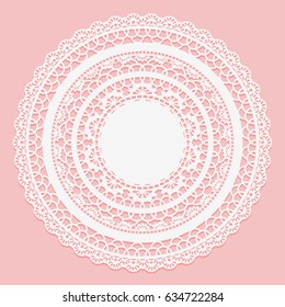 White lace napkin on a pink background. Openwork round frame. Vector illustration