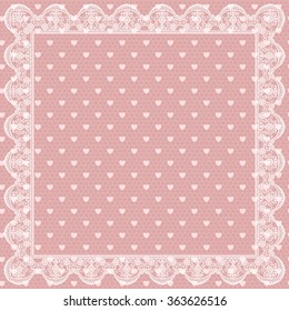White lace net with heart pattern and frame on pink background