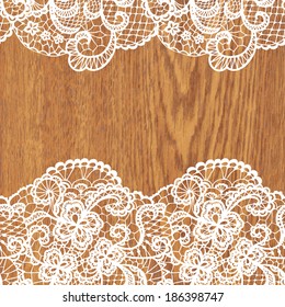 White lace on wood texture. Vector illustration.