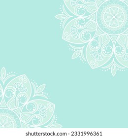 White lace oriental mandala corners on blue background. Square vector card