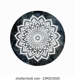 White lace ornamental mandala on watercolor night sky background. Vector art