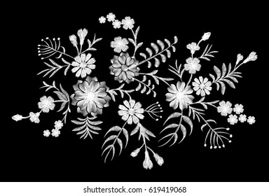 White lace pattern of flowers on a black background. Imitation embroidery. Chamomile, forget-me-not, gerbera, paisley rustic vintage patch neckline vector illustration art