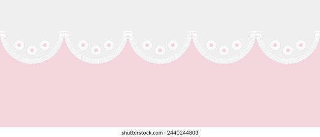 White lace pattern isolated on pink background. Seamless figured lace border, vector lace decoration. Seamless white stripe, delicate simple pattern. 