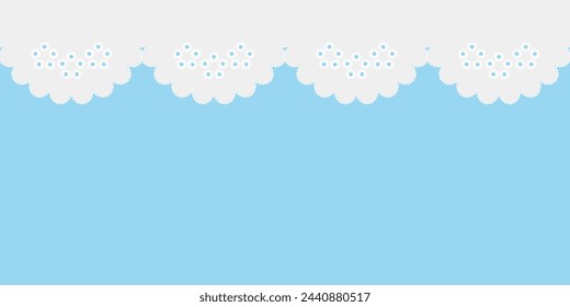 White lace pattern isolated on blue background. Seamless figured lace border, vector lace decoration. Seamless white stripe, delicate simple pattern, decoration for children's textile.