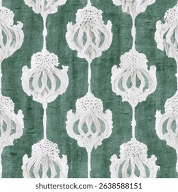 White lace pattern on green velvet, grunge lines ikat pattern, striped seamless pattern, Vector illustration background for print the paper.