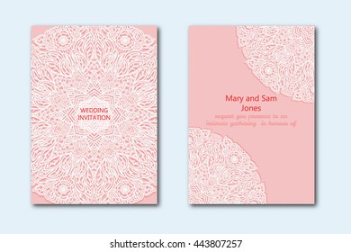 White lace pattern on a pink background. Set of two templates for wedding invitations. Greeting card with a newborn. Vector illustration.