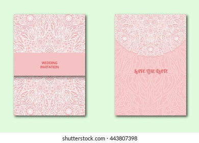 White lace pattern on a pink background. Set of two templates loyalty cards. Delicate ornament for invitations and greeting cards. Vector illustration.