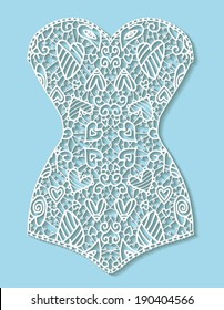 White lace retro corset with hearts, vintage corsage, isolated on blue, detailed lace pattern, hand drawn artwork, vector illustration