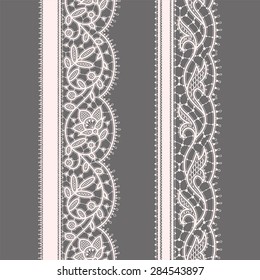 White Lace Ribbon. Seamless Pattern. Gray Background. Set.