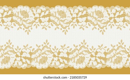 White Lace Ribbon Trim With Big Flower on yellow background.