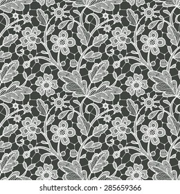 White Lace. Seamless Floral Pattern. Dark Green Background.