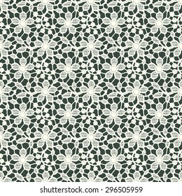 White Lace. Seamless Floral Pattern. Dark Green Background.