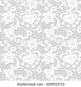 White lace seamless pattern with flowers on beige background