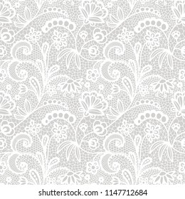 White lace seamless pattern with flowers on beige background