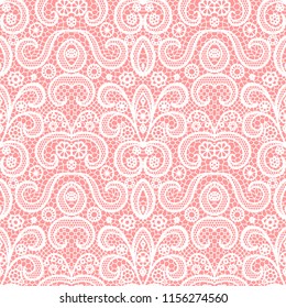 White lace seamless pattern with flowers on pink background