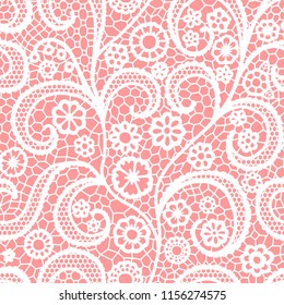 White lace seamless pattern with flowers on pink background