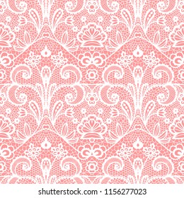 White lace seamless pattern with flowers on pink background