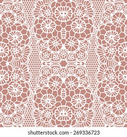 White lace seamless pattern with flowers on beige background