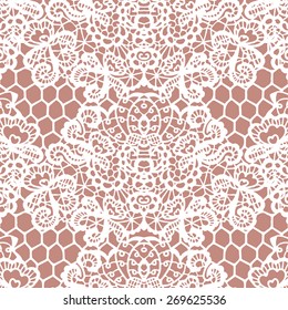 White lace seamless pattern with flowers on beige background