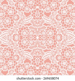 White lace seamless pattern with flowers on beige background