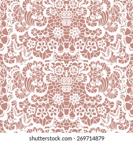 White lace seamless pattern with flowers on beige background