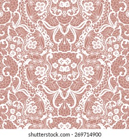 White lace seamless pattern with flowers on beige background
