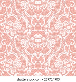 White lace seamless pattern with flowers on beige background