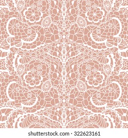 White lace seamless pattern with flowers on beige background