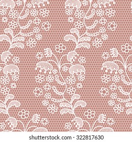 White lace seamless pattern with flowers on beige background