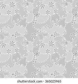 White lace seamless pattern with flowers on grey background