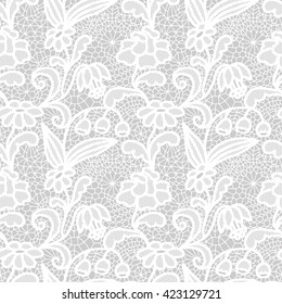 White lace seamless pattern with flowers on grey background