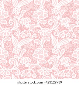 White lace seamless pattern with flowers on pink background