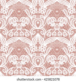 White lace seamless pattern with flowers on beige background