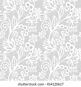 White lace seamless pattern with flowers on grey background