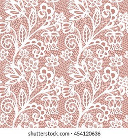 White lace seamless pattern with flowers on beige background
