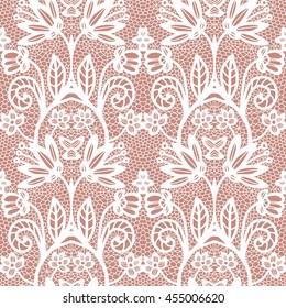 White lace seamless pattern with flowers on beige background